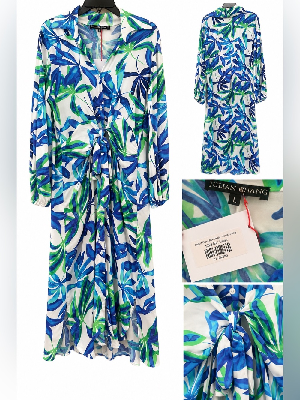 Julian Chang August Blue Petals Tropical Tie Waist Midi Dress NWT L